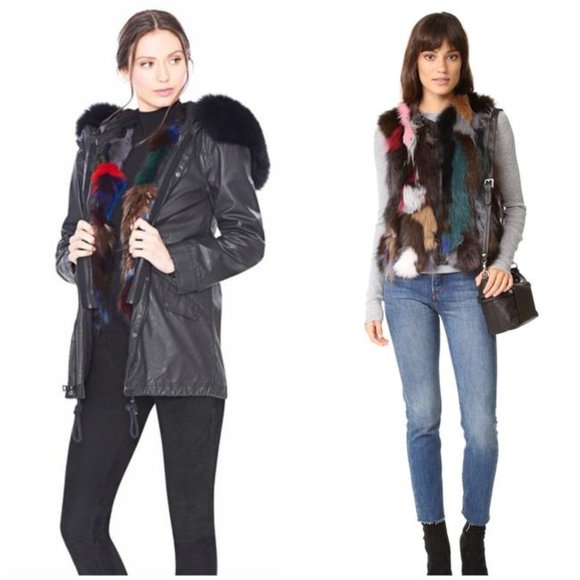 ALICE + OLIVIA Tandy Fur Black Parka Coat Multi-Color Vest XS - Picture 1 of 5
